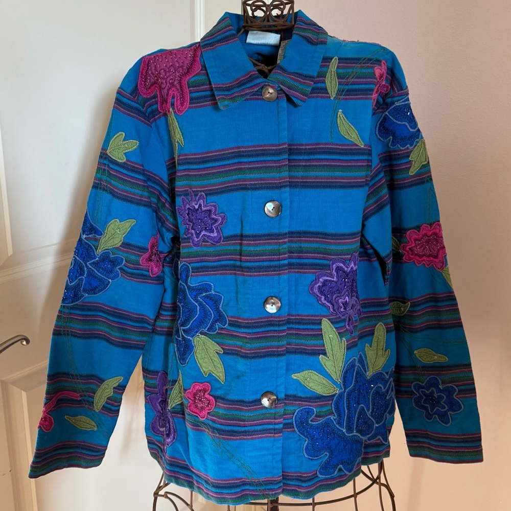 Chico's Striped Blue Jacket Embroidered + Embellished size large